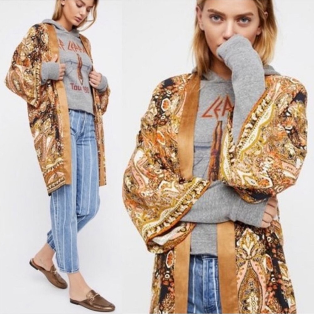 Free People All Yours Floral Paisley Open-Front Kimono in Gold, Brown & Coral